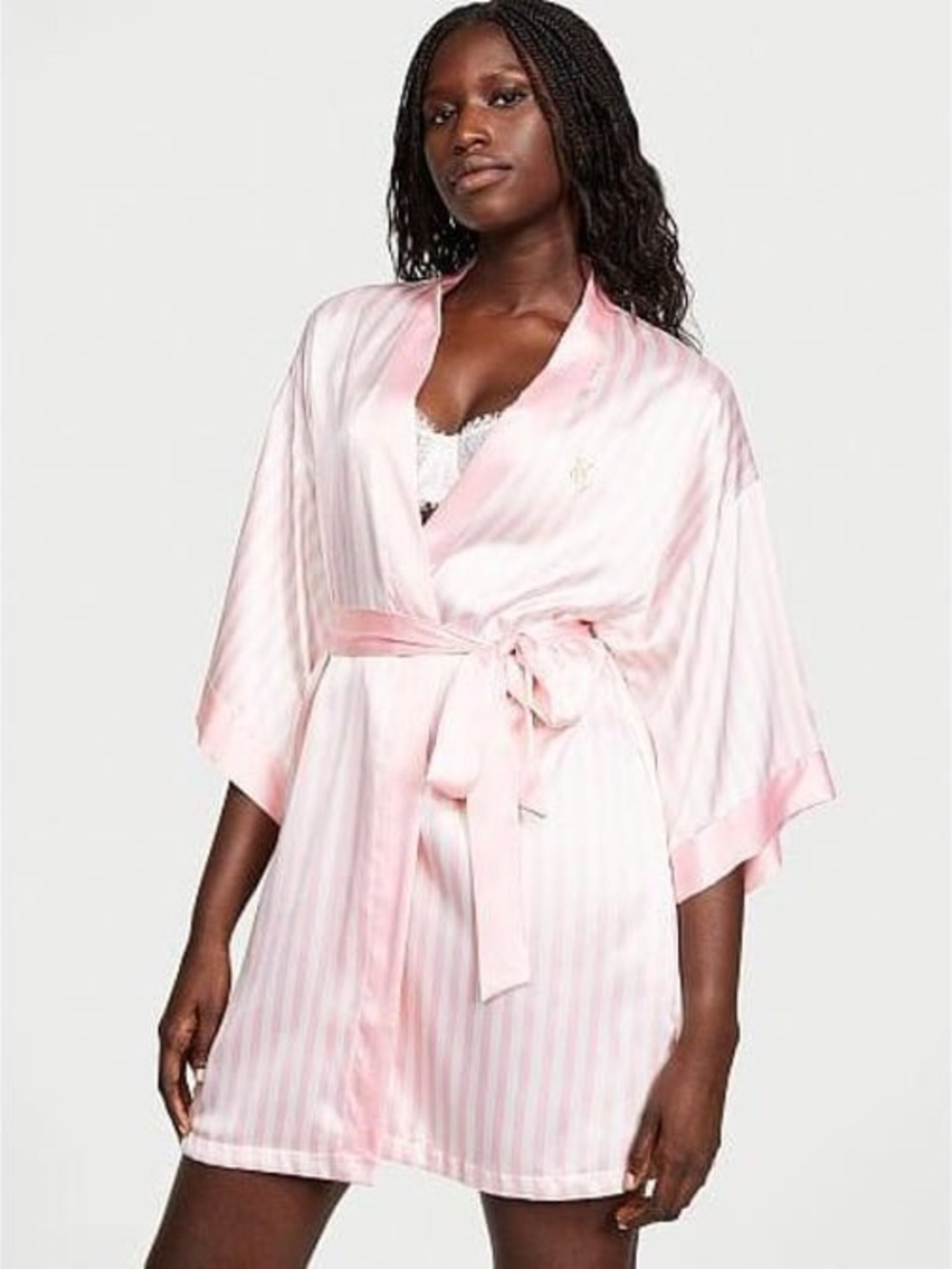 Victoria's Secret Pink Striped Satin Tie-Belt Robe, Size M/L